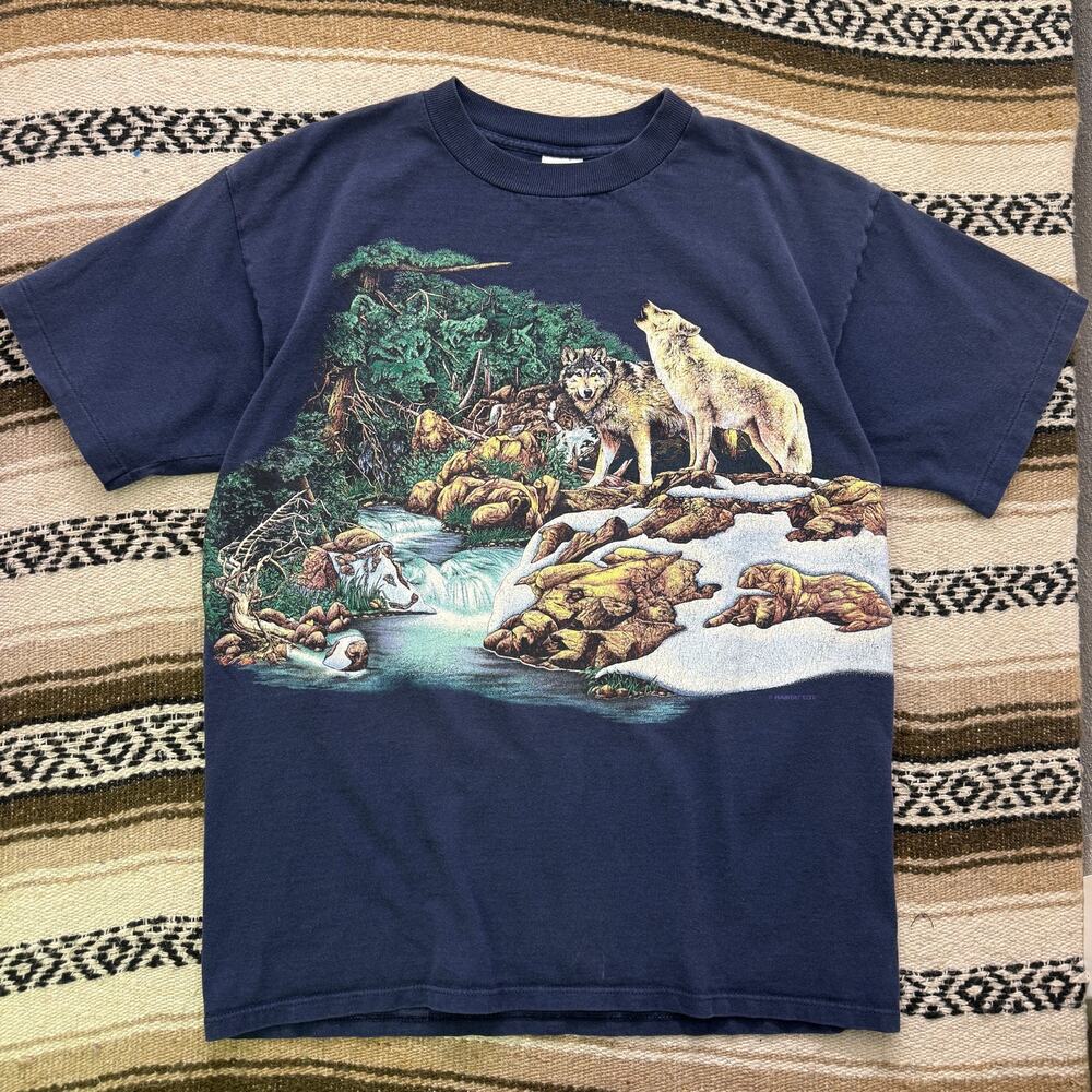 Vintage 90's Habitat Wolf Pack Wolves Animal Nature All Over Print Shirt Sz L